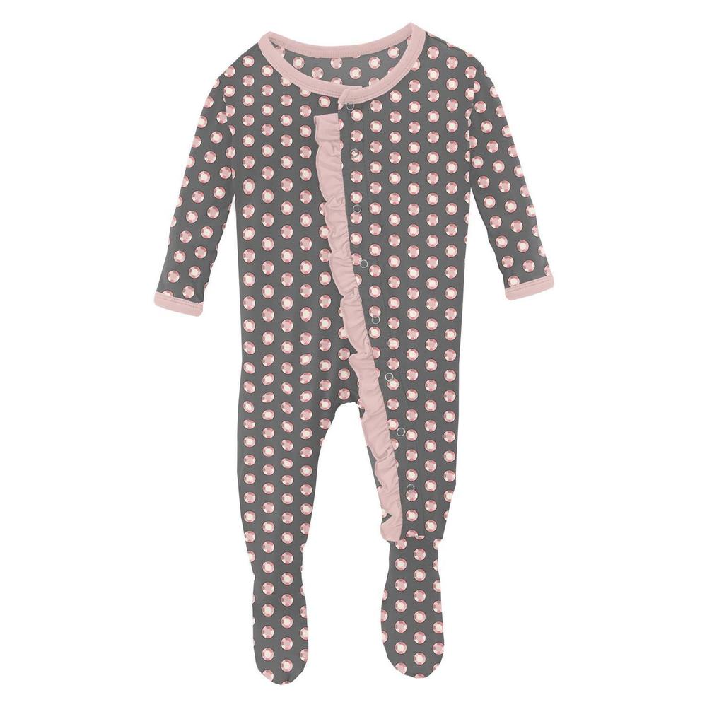 NEW KICKEE kids' ruffle footie with snaps in pewter sparkle